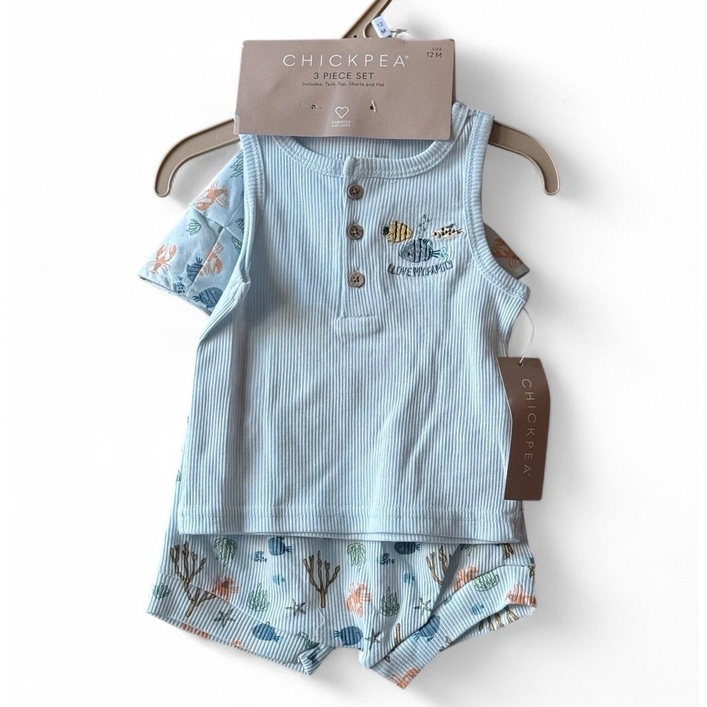 Chickpea 3-Piece Set Tank, Shorts, Hat Sz 18 Mos Blue Under The Sea‎ Friends